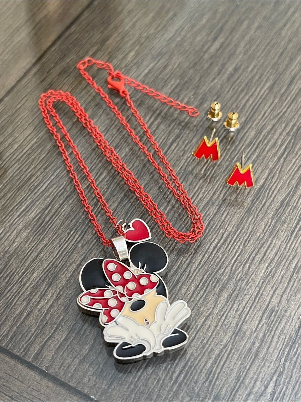 Disney Minnie Mouse & Heart Polka Dot Bow Necklace Vintage “M” Initial Earrings